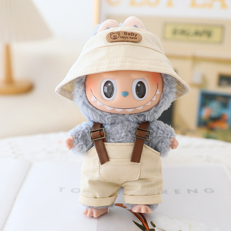 Labubu Sitting Party Doll Clothes Third Generation Cola Vinyl Blind Box Clothes Fisherman Hat Overalls Set
