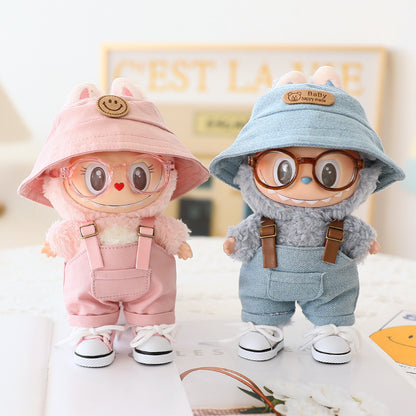 Labubu Sitting Party Doll Clothes Third Generation Cola Vinyl Blind Box Clothes Fisherman Hat Overalls Set