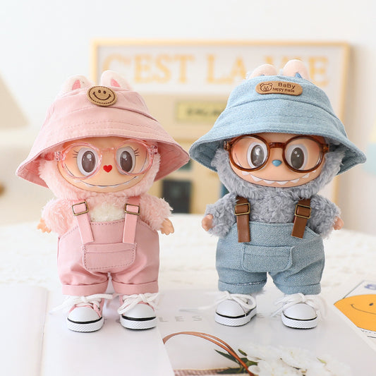 Labubu Sitting Party Doll Clothes Third Generation Cola Vinyl Blind Box Clothes Fisherman Hat Overalls Set