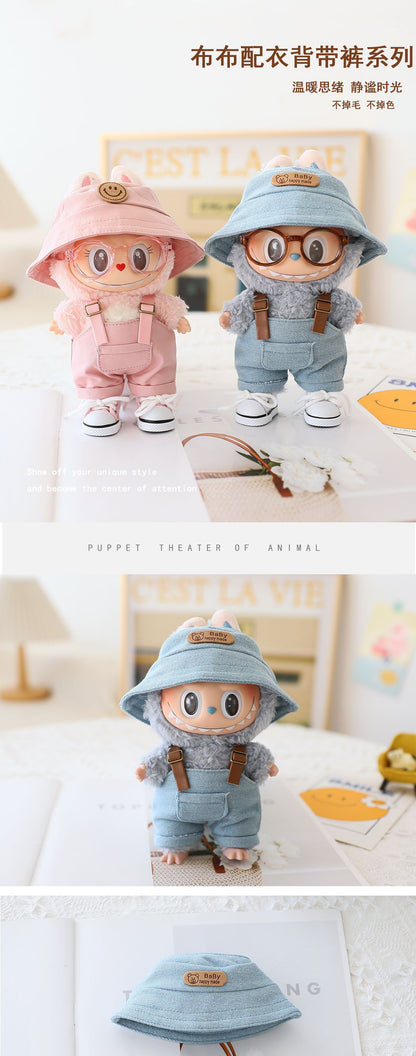 Labubu Sitting Party Doll Clothes Third Generation Cola Vinyl Blind Box Clothes Fisherman Hat Overalls Set