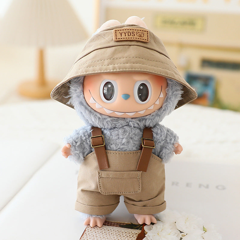 Labubu Sitting Party Doll Clothes Third Generation Cola Vinyl Blind Box Clothes Fisherman Hat Overalls Set