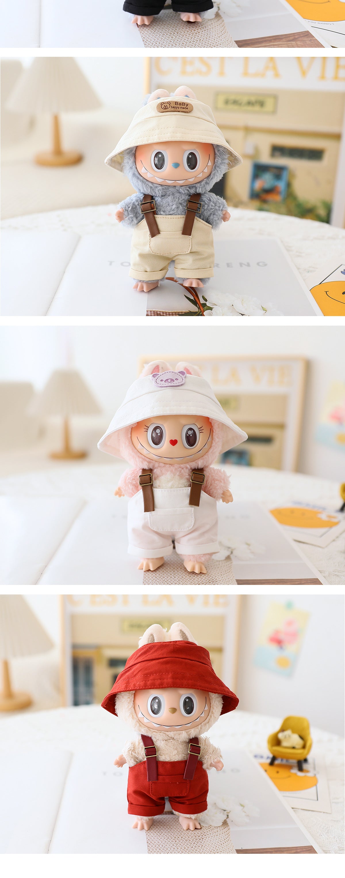 Labubu Sitting Party Doll Clothes Third Generation Cola Vinyl Blind Box Clothes Fisherman Hat Overalls Set