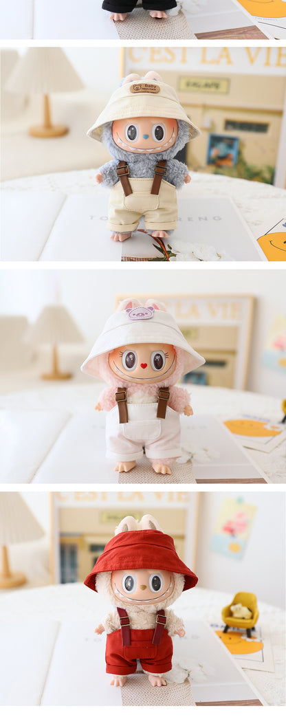 Labubu Sitting Party Doll Clothes Third Generation Cola Vinyl Blind Box Clothes Fisherman Hat Overalls Set