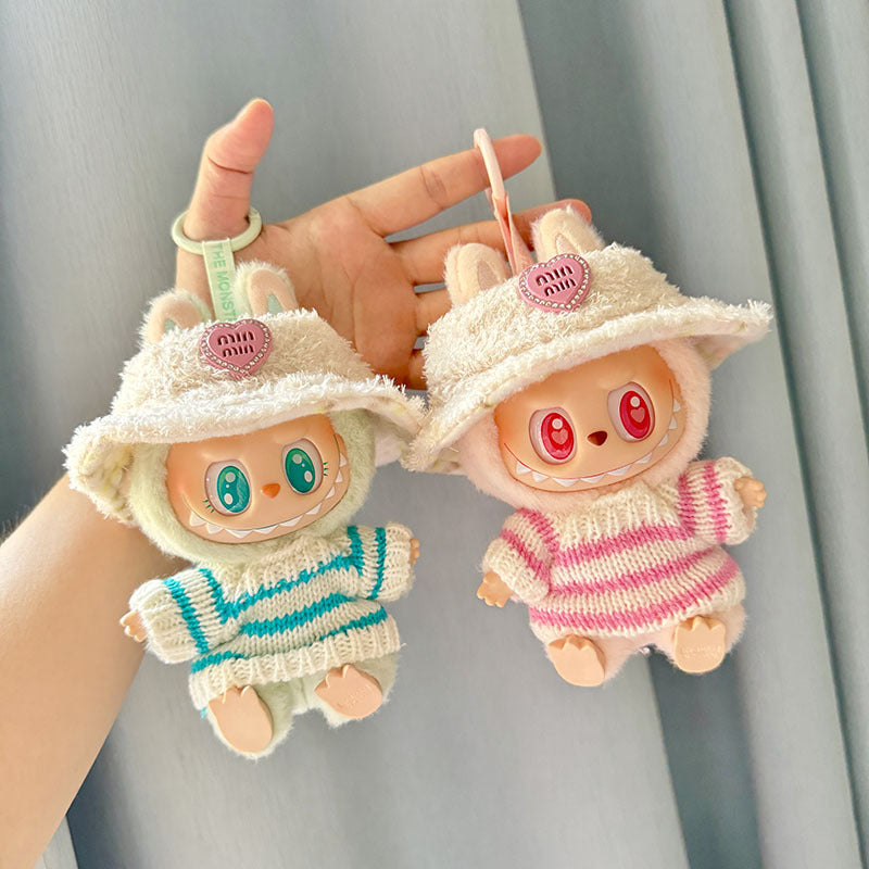 Labubu Clothing Second Generation Keychain Pendant Labubu Sitting Party White and Green Striped Sweater Set