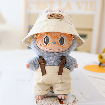 Labubu Sitting Party Doll Clothes Third Generation Cola Vinyl Blind Box Clothes Fisherman Hat Overalls Set