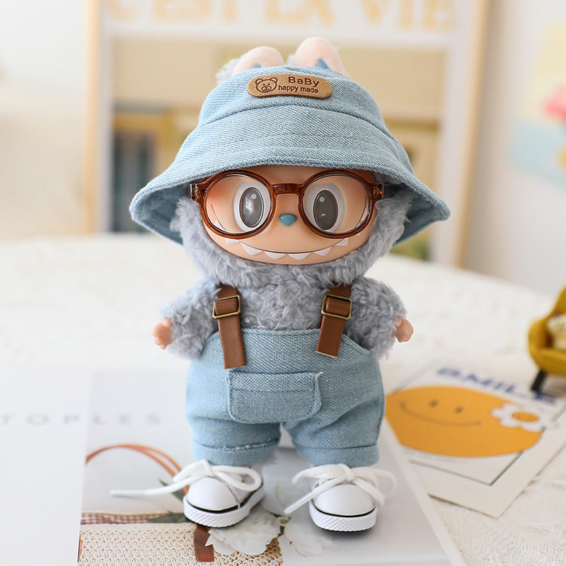 Labubu Sitting Party Doll Clothes Third Generation Cola Vinyl Blind Box Clothes Fisherman Hat Overalls Set