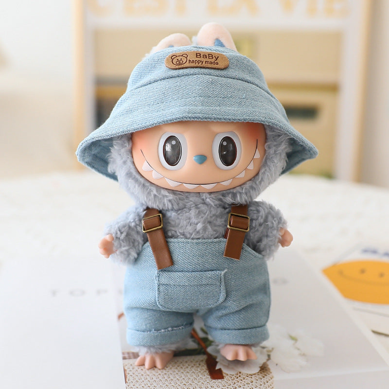 Labubu Sitting Party Doll Clothes Third Generation Cola Vinyl Blind Box Clothes Fisherman Hat Overalls Set