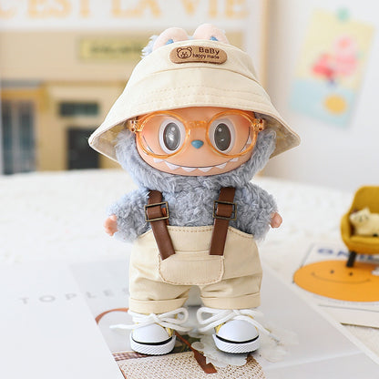 Labubu Sitting Party Doll Clothes Third Generation Cola Vinyl Blind Box Clothes Fisherman Hat Overalls Set