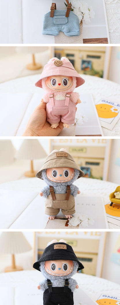 Labubu Sitting Party Doll Clothes Third Generation Cola Vinyl Blind Box Clothes Fisherman Hat Overalls Set